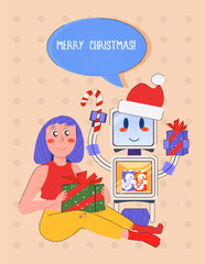 Girl and Friendly Fridge Robot Exchanging Gifts