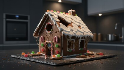 Gingerbread house decorated with icing and candies on dark kitchen counter
