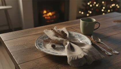 Cozy dining table setting with plate, cutlery, and cup in front of fireplace

