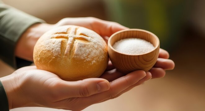 Woman holding communion bread with cross and bowl of salt showing Christian tradition for Easter. Holy sacrament for religious service.