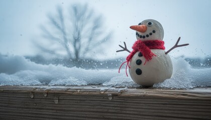 Snowman figurine with carrot nose and scarf on snowy surface
