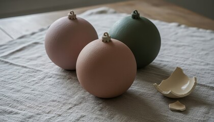 Pastel colored ceramic ornaments on linen cloth with broken piece
