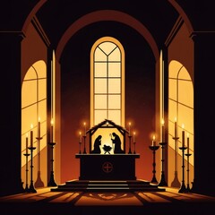 Obraz premium Nativity scene inside a church with altar and burning candles. Christian Christmas celebration. Holy birth of Jesus. Epiphany concept.