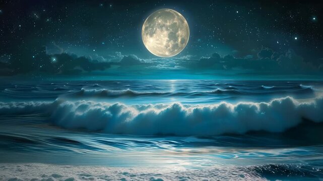 Radiant full moon illuminating dynamic ocean waves under a vast starry night sky and clouds 4K Video