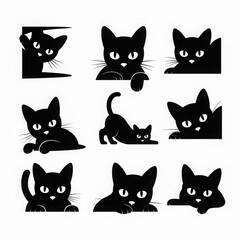 Set of black cat icons cute cartoon pet illustrations in various poses vector design elements isolated on white background