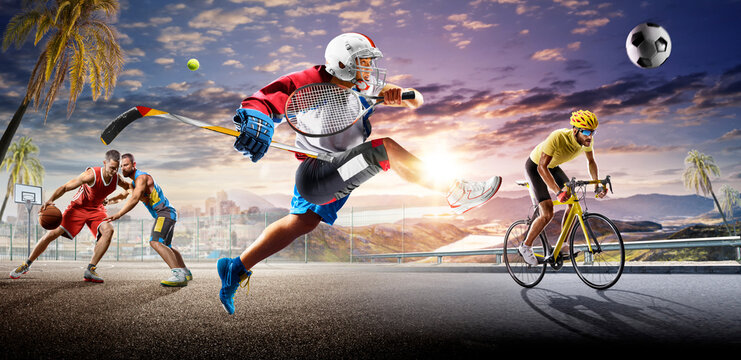 Multi-sport collage depicting various sports and hobbies. A multi-sport background combining various sports. Boxing, basketball, paintball, soccer, football, hockey, cycling, fitness, gymnastics