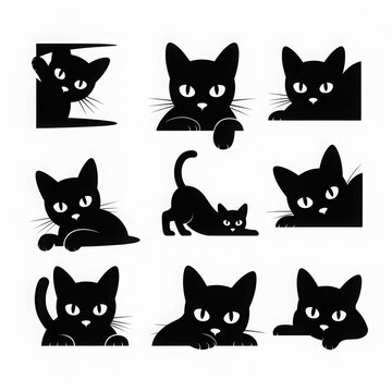 Set of black cat icons cute cartoon pet illustrations in various poses vector design elements isolated on white background