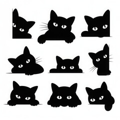 Set of black cat peeking vector illustrations cute pet animal silhouette collection isolated on white background