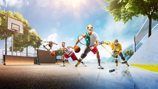 Multi-sport collage depicting various sports and hobbies. A multi-sport background combining various sports. Boxing, basketball, paintball, soccer, football, hockey, cycling, fitness, gymnastics