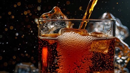 Refreshing cola drink with ice being poured into a glass, dynamic splash and effervescent bubbles 4K Video - Powered by Adobe