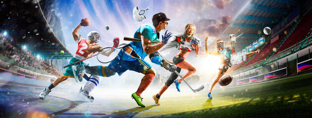 Multi-sport collage depicting various sports and hobbies. A multi-sport background combining various sports. Boxing, basketball, paintball, soccer, football, hockey, cycling, fitness, gymnastics