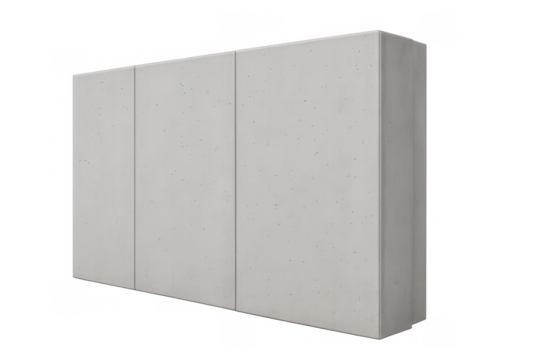 Gray concrete block wall with textured panels for industrial building design, isolated on a transparent background