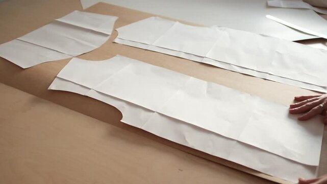 Process of making and cutting sewing pattern in a small business tailoring atelier. Woman cuts cardboard sewing patterns for designing clothes.