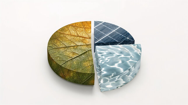 A pie chart composed of a leaf, solar panels, and rippling water, symbolizing the interconnectedness of nature and renewable energy sources. - Powered by Adobe