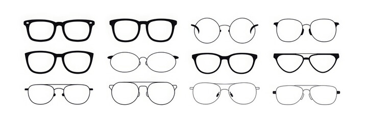 Set of various glasses frames different styles in minimalist vector design isolated on white background