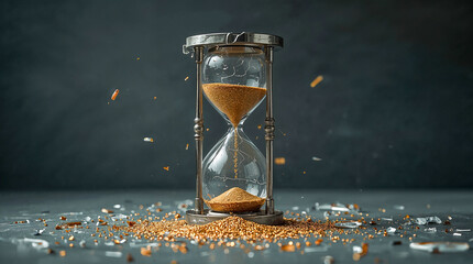 A broken hourglass with sand scattering around it, symbolizing the passage and breakdown of time. Pieces of glass and golden sand are suspended in mid-air.