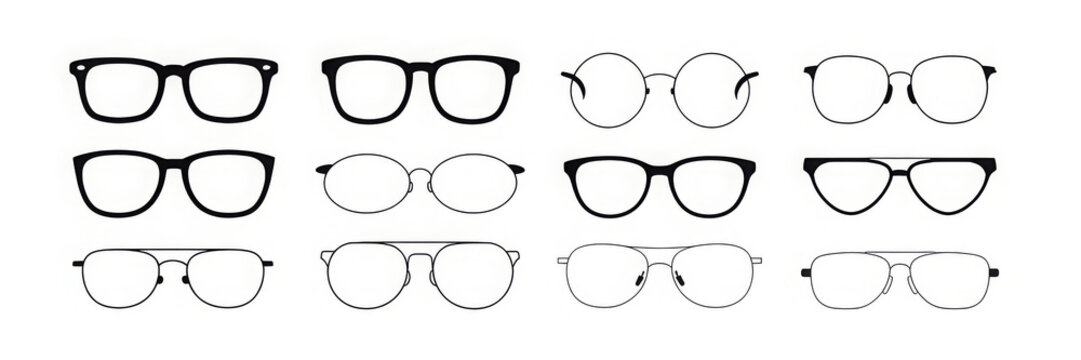 Set of various glasses frames different styles in minimalist vector design isolated on white background