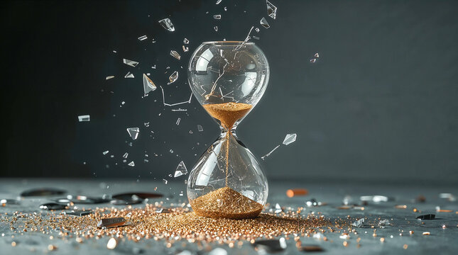 A shattered hourglass with golden sand spilling out, fragments of glass suspended in motion against a dark background, symbolizing the end of time or a critical moment.