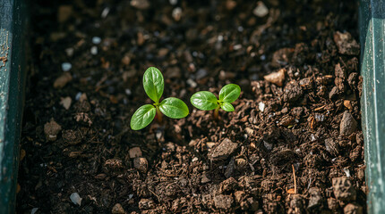 Two small green seedlings sprout from dark, rich soil in a planter. Their delicate leaves reach upwards, symbolizing new growth and the start of life.
