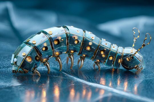 Robotic caterpillar with transparent segmented body, illuminated circuits, and golden components exploring a textured cybernetic surface