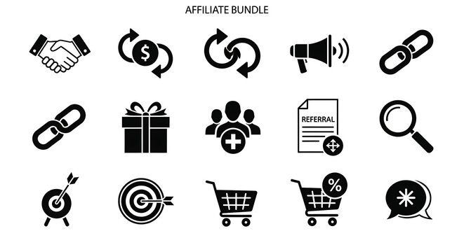 Comprehensive icon set for affiliate marketing, digital commerce strategies, and online business promotion