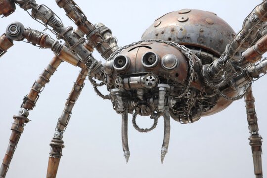 Robotic spider created from assorted metal components, showcasing intricate engineering and a steampunk aesthetic against a bright background