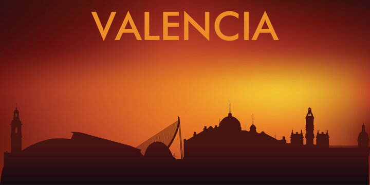 Stylized silhouette of Valencia, Spain, at sunset with a characteristic orange-red gradient in the sky.