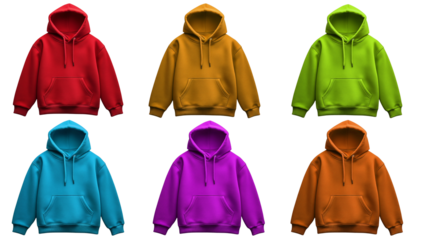 six hoody sweaters of different colors isolated on a transparent background