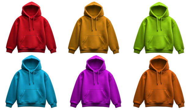 six hoody sweaters of different colors isolated on a transparent background