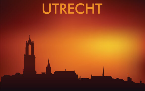 Stylized silhouette of the Utrecht skyline at sunset with a characteristic orange-red gradient in the sky.