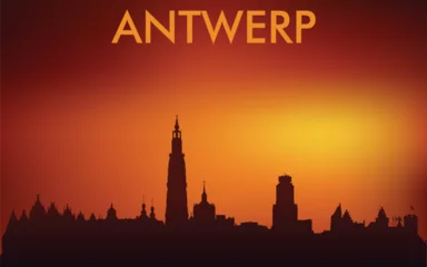 Keuken achterwand Antwerpen Silhouet skyline Antwerpen bij zonsondergang  © Dima