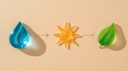 A blue water droplet, a yellow sun, and a green leaf are arranged with arrows suggesting a cycle: water, sun, and plant growth.