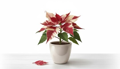 Vibrant poinsettia plant in a white pot with red and cream leaves on a table
