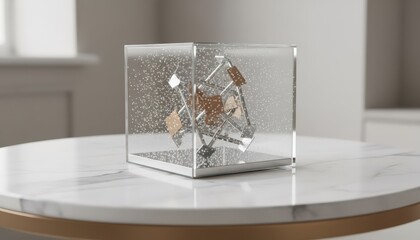Elegant decorative cube sculpture with geometric shapes on a marble table
