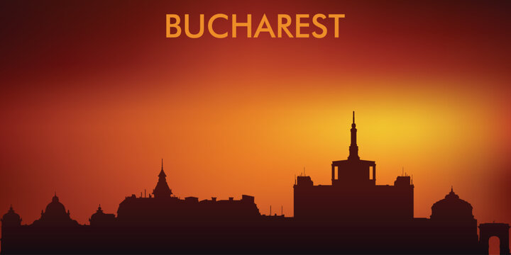 Stylized silhouette of Bucharest skyline against the backdrop of sunset in warm orange and red tones. Popular format for souvenirs, postcards, and stock illustrations.
