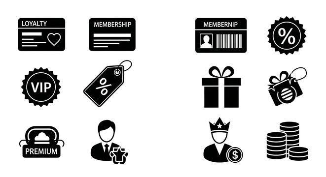 Comprehensive collection of black and white vector icons representing customer loyalty programs, exclusive membership benefits, discounts, gifts, and premium rewards