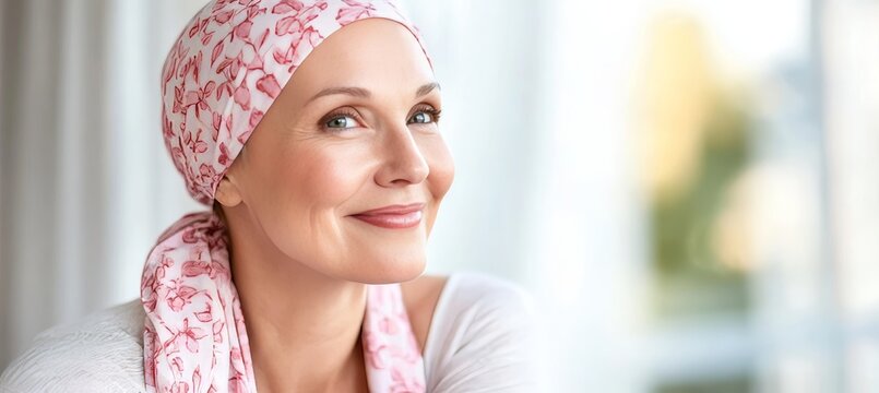 Hopeful Smiling Woman with Cancer Illness Wearing Stylish Headscarf, Radiating Strength and Beauty