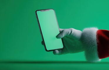 Santa hand presenting smartphone with green screen horizontally