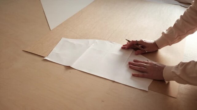 Process of making and cutting sewing pattern in a small business tailoring atelier. Woman cuts cardboard sewing patterns for designing clothes.