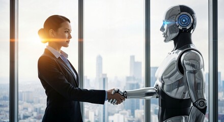 Businesswoman Shaking Hands with Futuristic Humanoid Robot in Office Symbolizing AI Partnership