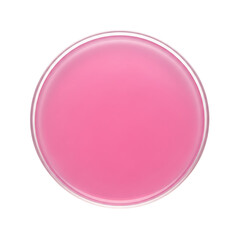 Pink circular petri dish with a glossy surface and a white rim on a black background