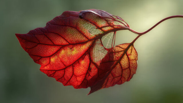 Close-up of a vibrant red-orange leaf, intricately veined and partially skeletal, illuminated by backlighting against a soft green backdrop.