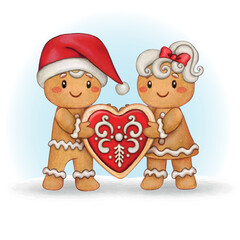 Watercolor hand drawn cute christmas gingerbread characters holding a gingerbread heart