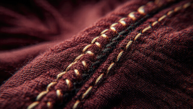 Macro shot revealing intricate beige and dark stitching on rich burgundy textured fabric, highlighting detailed craftsmanship and textile texture. - Powered by Adobe