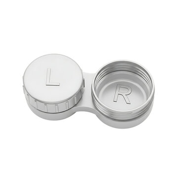 White contact lens case with L and R markings for left and right lenses on a transparent background Keywords: contact lens case, eye care, vision, optical