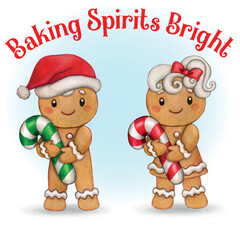 Watercolor hand drawn cute christmas gingerbread characters holding a gingerbread heart