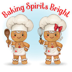 Watercolor hand drawn cute christmas gingerbread characters holding a gingerbread heart