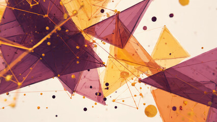 Abstract digital render of interconnected translucent purple and orange geometric shapes, forming a dynamic network with glowing nodes against a light background.