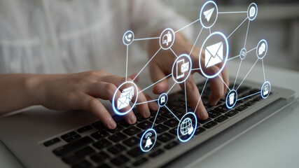 Email icons show digital communication, email service, and inbox management. Email supports online messaging, email notification, and secure exchange. Entice