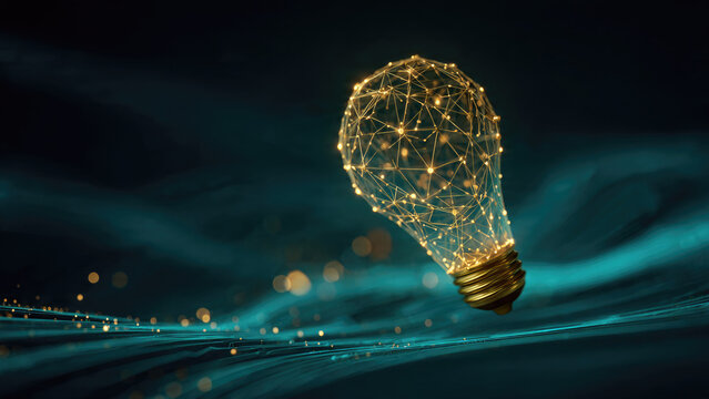 A glowing digital light bulb, formed by a network of interconnected points, symbolizes innovation, technology, and interconnected ideas on a dark teal background.